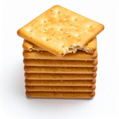 Fototapeta premium Stack of Square Saltine Crackers on White Background with Bite Missing