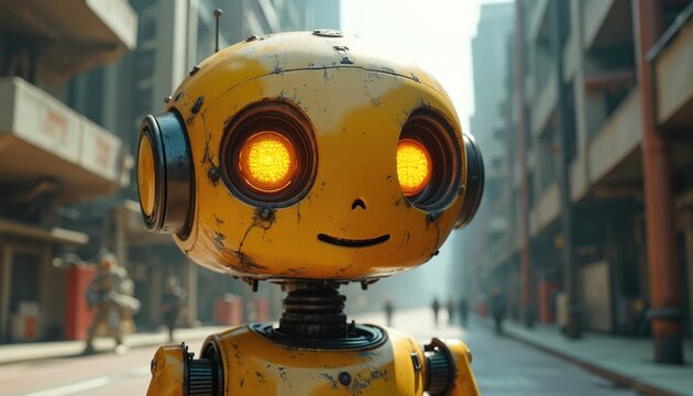 Yellow robot stands on street in metropolis. Android with light bulb eyes looks at camera. Futuristic urban scene with machinery shows modern tech, innovation, artificial intelligence.