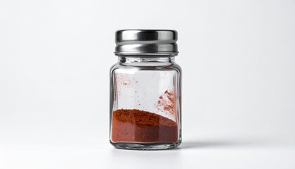 Small Glass Spice Jar with Red Powder on White Background