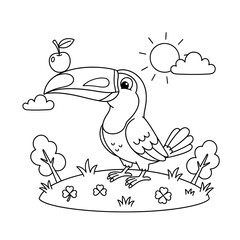 Obraz premium Cartoon toucan standing on grass with an apple sun and clouds