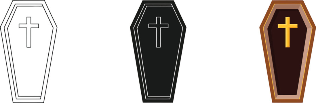 Collection of three diverse coffin icons with religious cross symbols, depicting themes of death, funeral, burial, and remembrance, in outline, solid, and realistic styles.