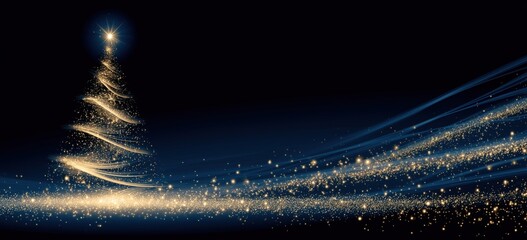 a blue background with a golden, glittering christmas tree, stars, and lights on it, beautiful and shiny shiny, golden light trails Generative AI