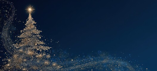 a golden christmas tree is depicted on the left side of an elegant blue background, with glittering stars and sparkles swirling around it Generative AI