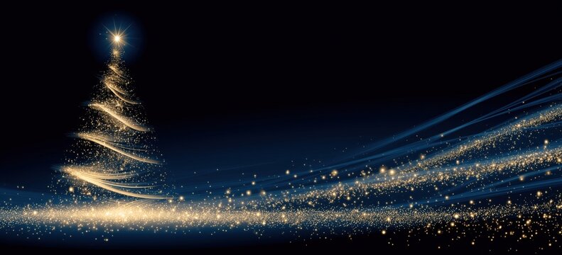 a blue background with a golden, glittering christmas tree, stars, and lights on it, beautiful and shiny shiny, golden light trails Generative AI