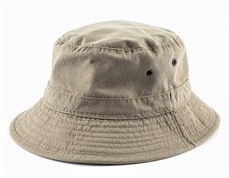 Neutral Beige Bucket Hat with Dark Holes on Isolated White Background