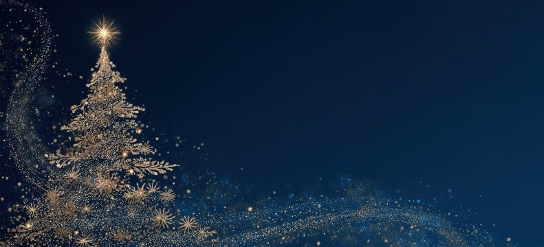 a golden christmas tree is depicted on the left side of an elegant blue background, with glittering stars and sparkles swirling around it Generative AI