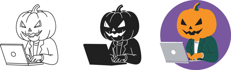 Jack-o'-lantern character in a green business jacket working on a laptop computer, embodying spooky season technology, holiday productivity, and remote work themes.