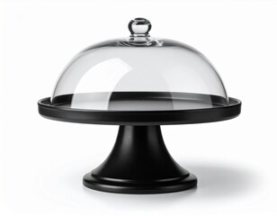 Black Cake Stand with Dome Lid on White Background