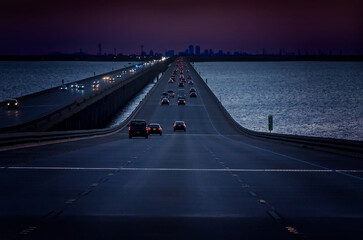 Traffic on I-10 Twin Span Bridge in New Orleans Louisiana