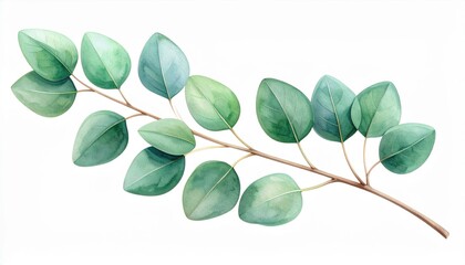 Fototapeta premium Watercolor Eucalyptus Branch with Green Leaves on White Background