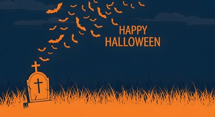 Happy halloween text with bats flying out of a tombstone