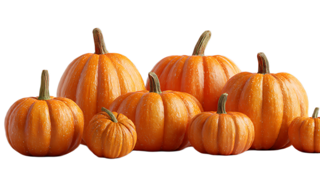 A group of orange pumpkins of varying sizes arranged together on a black background in a studio shot