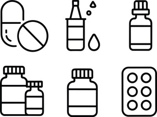 Pharmaceutical icons, pill, capsule, medicine bottle, dropper, blister pack, black and white line drawing, healthcare, pharmacy, treatment