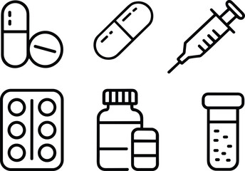 Medical icons, capsule, syringe, pill blister pack, medicine bottle, vial, healthcare tools, black and white line drawing, treatment