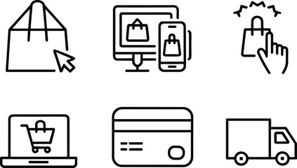 Online shopping icons, ecommerce interface, mobile and desktop devices, credit card payment, delivery truck, cursor click, parcel, purchase, bag