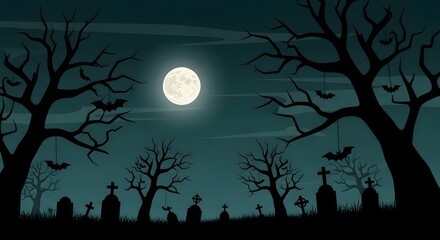 Haunted graveyard at night with full moon and spooky trees