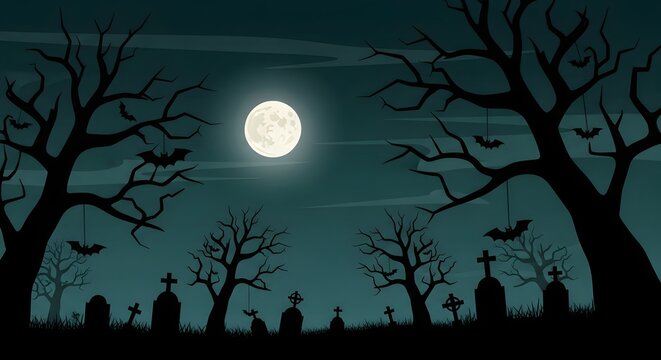Haunted graveyard at night with full moon and spooky trees - Powered by Adobe