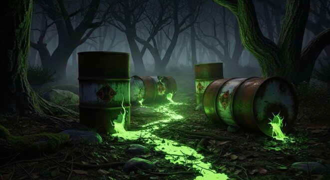 Hazardous waste barrels leaking a glowing green toxic substance in a dark, polluted forest. - Powered by Adobe