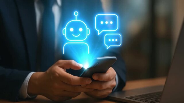 Businessman Using Mobile Phone with Chatbot Interface in Modern Office Setting