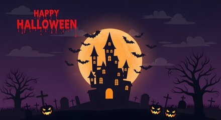Happy halloween haunted castle with bats and full moon at night