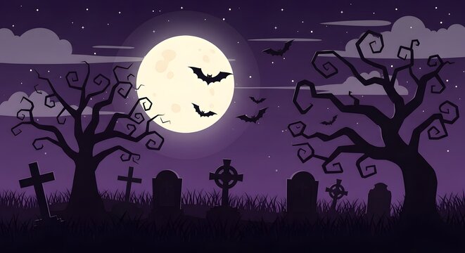 Pixel art halloween night with full moon, bats, and spooky trees