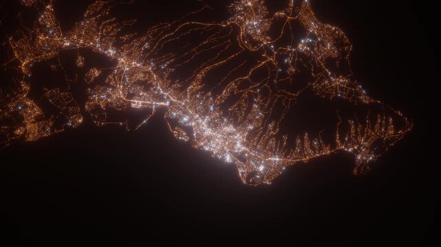 Honolulu (Hawaii, USA) aerial view at night. Top view on modern city with glow effect. Camera is zooming out, rotating counterclockwise