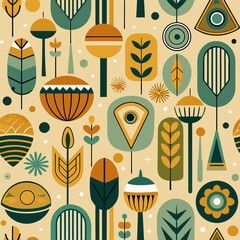 A seamless pattern featuring stylized mid century modern botanical elements in a muted color palette of green, orange, and yellow.