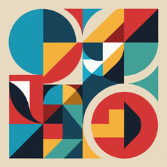 Obraz premium A vibrant abstract artwork featuring a dynamic arrangement of geometric shapes including circles, semi-circles, and triangles in a palette of red, blue, yellow, and teal.