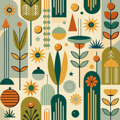 A vibrant mid-century modern illustration featuring stylized botanical elements and abstract floral motifs in a warm, earthy color palette.