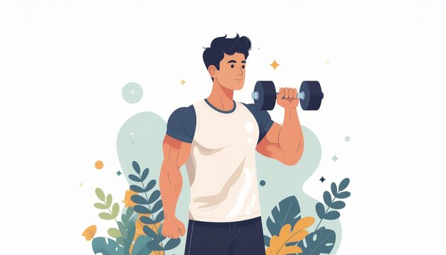 Vector illustration of a fit young man lifting a dumbbell during a strength training workout session.