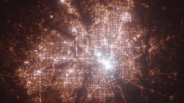 Dallas and Fort Worth (Texas, USA) aerial view at night. Top view on modern city with street lights. Camera is flying above the city, moving backward