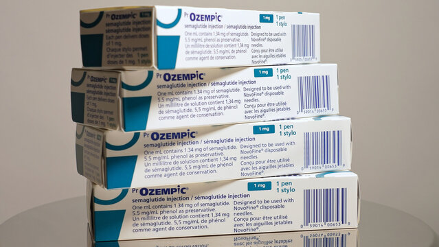 Boxes of Ozempic Semaglutide pens close up. Packages of drug for diabetes and weight loss. Medication injectors with instructions: Toronto, Ontario, Canada - October 28, 2025