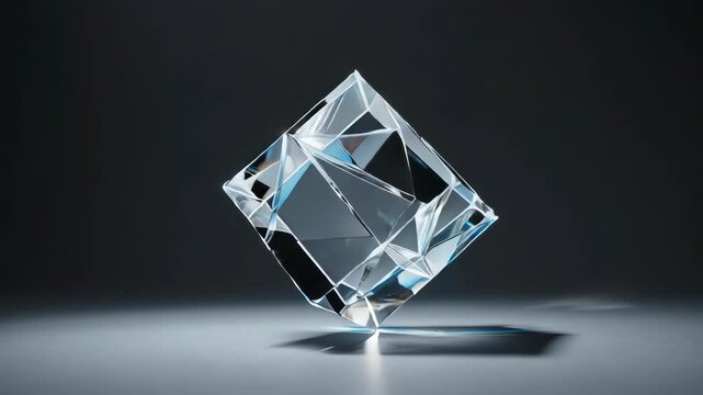 An abstract, faceted glass form, set against a dark, minimalist background
