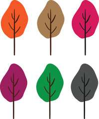 Set of Six Simple Stylized Autumn or Fall Tree Icons in Various Seasonal Colors