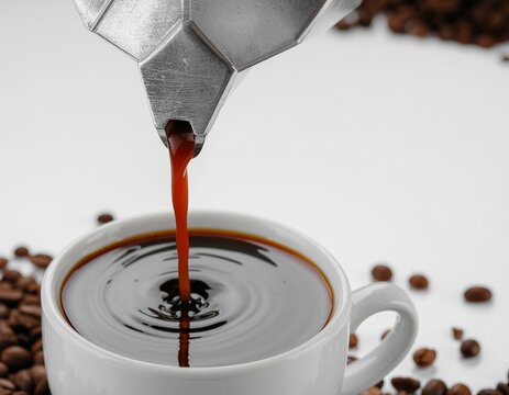 Freshly brewed dark coffee streams from a classic Moka pot into a white cup, creating dynamic ripples. Scattered roasted beans complete the inviting scene - Powered by Adobe