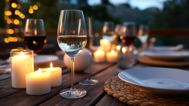 Defocused view of candles and glasses of wine on a rustic dining table, inviting Italian evening mood, with copy space.