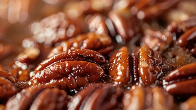 Close-up of glazed pecans with shiny, sugary coating
