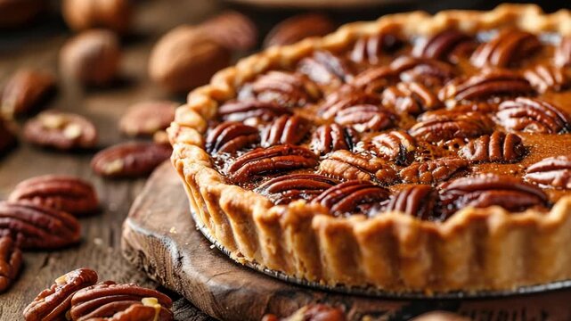 Homemade pecan pie with toasted pecans on rustic wooden table