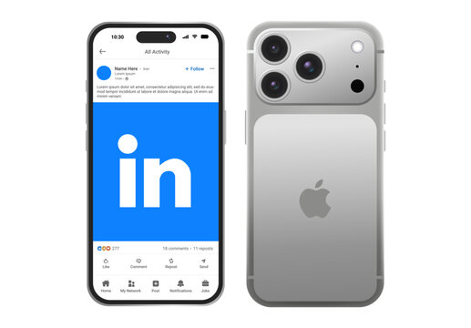 iPhone 17 mockup with LinkedIn post interface UI design, smartphone front and back view, mobile social media app layout, ios profile screen template, realistic modern digital device illustration