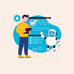 Digital Workflow Optimization A Man Collaborating with an AI Robot to Manage Tasks and Analyze Data on a Modern Web Interface, Illustrating Future Business Solutions