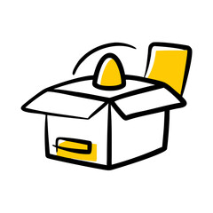 A minimalist composition featuring abstract yellow geometric shapes scattered across a solid black background.