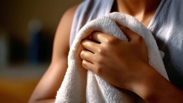 Defocused close-up of hands gripping a towel tightly, emotional stress visible in tension, soft lighting, with copy space