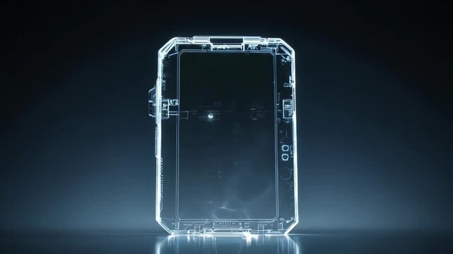 Futuristic, glowing schematic of a rectangular device floating on a surface