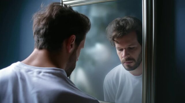 Faceless player&rsquo;s reflection visible in a half-fogged mirror, ambiguous emotion &mdash; between regret and determination, with copy space