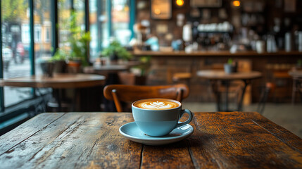 Cozy coffee shop scene with latte art on table during afternoon hours