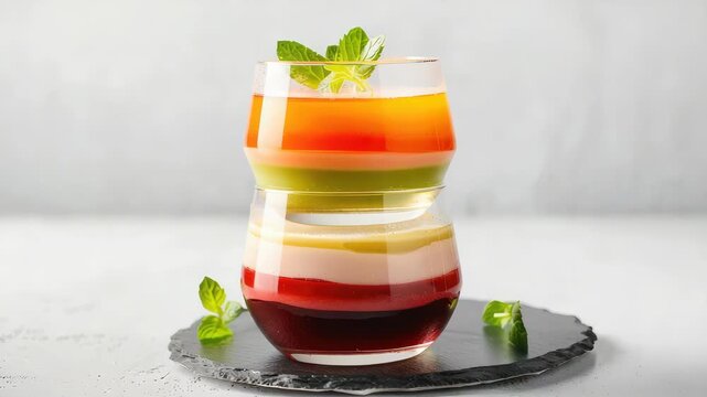 Colorful layered jelly dessert in glass, garnished with mint leaves, perfect for refreshing treat
