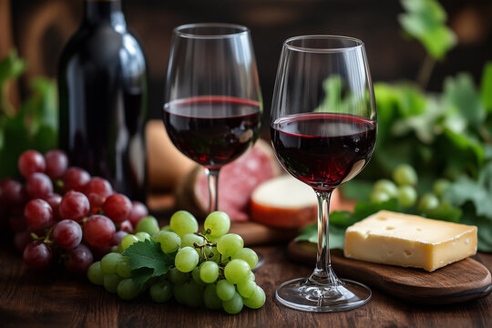 Red wine glasses beside fresh grapes, cheese, and cured meat on a rustic wooden table