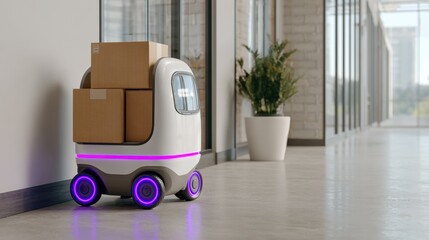 Automated delivery robot transporting parcels in a modern office environment with sleek design and vibrant lighting accents for innovative logistics solutions