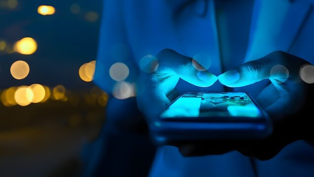 Finger of woman touching scroll page app on mobile phone.In a room with blue and purple neon tones.concept Social media and marketing