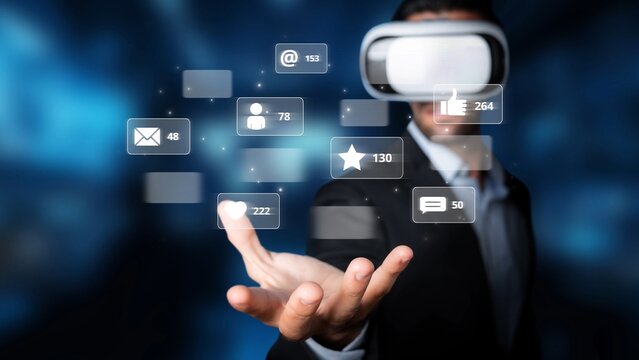 Businessman wearing virtual reality glasses interacts with floating social media icons, symbolizing innovation in communication and technology in today digital landscape. Raster